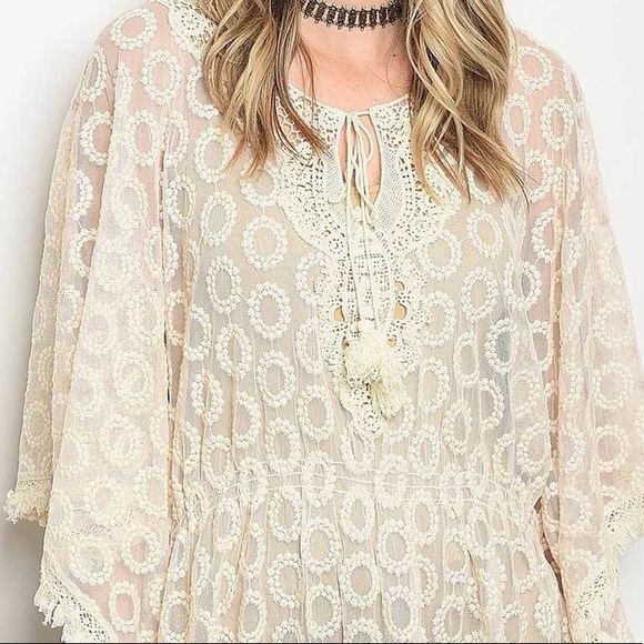 Tops - Ivory Butterfly Sleeve Lace Peplum Blouse Top